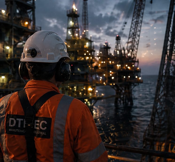 Profissional da DT MEC observando plataformas offshore ao anoitecer